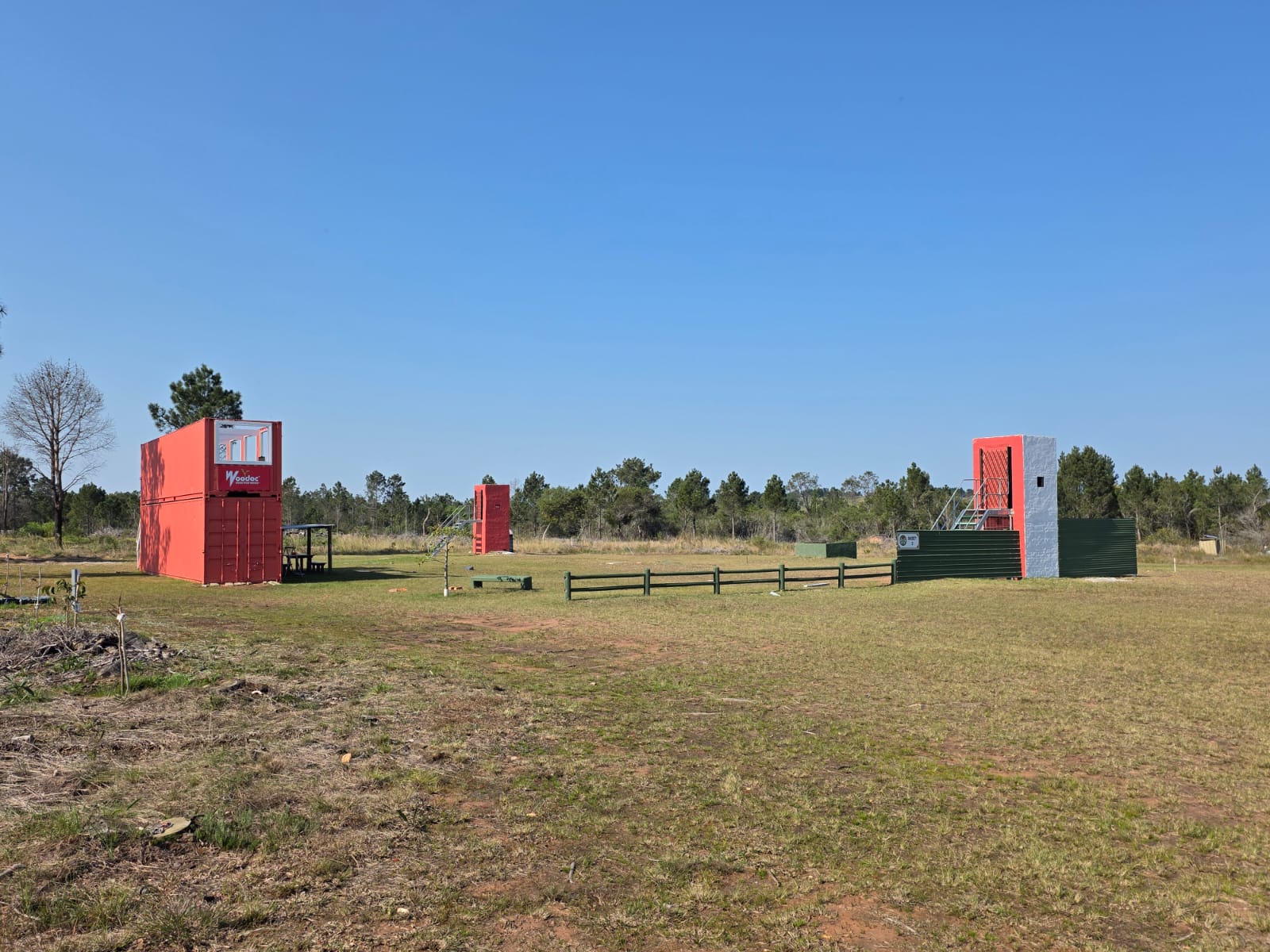 Two painted target towers and a container trap house on the PECTC sporting ground