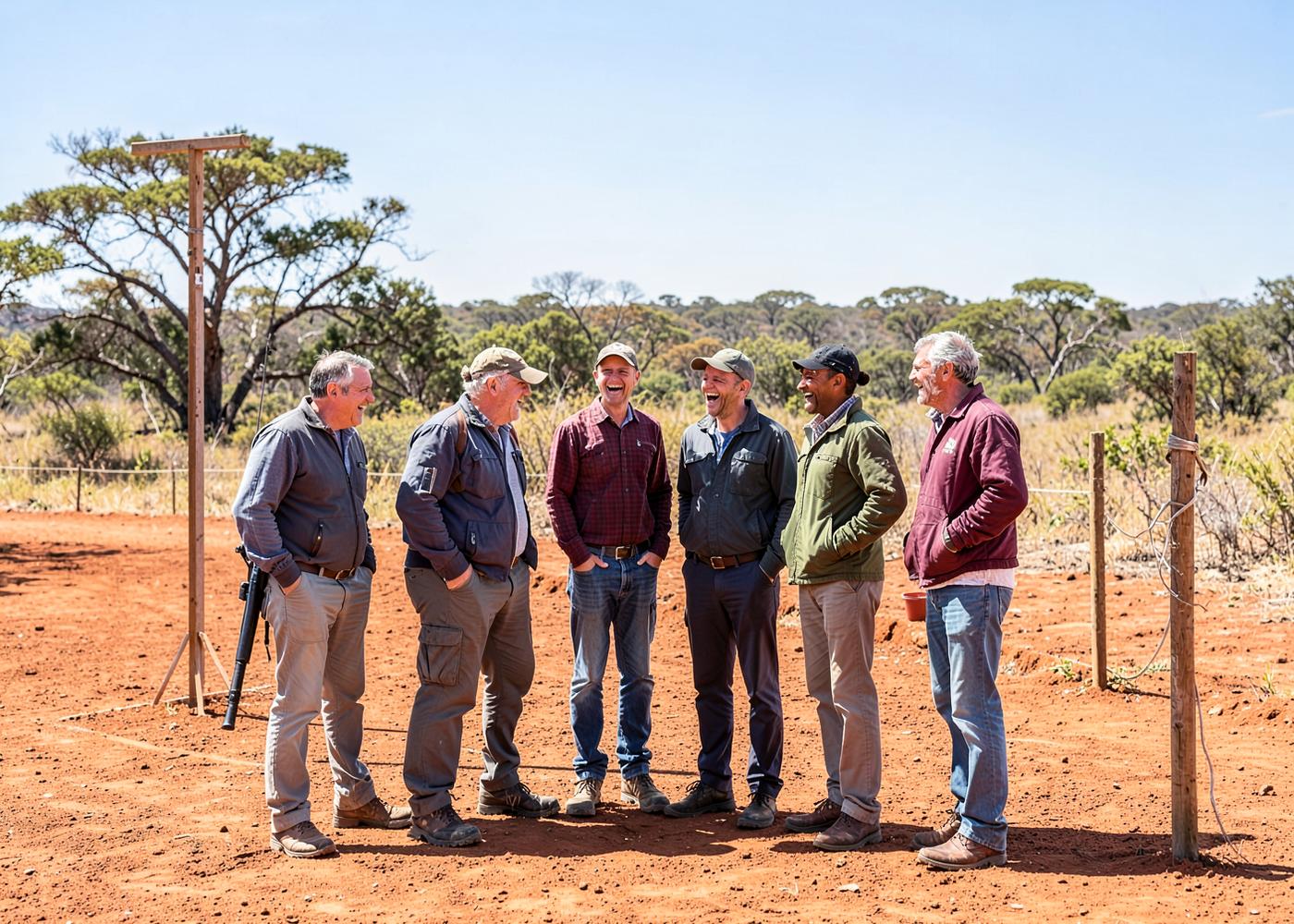 A group of colleagues at an outdoor clay shooting range on a sunny day